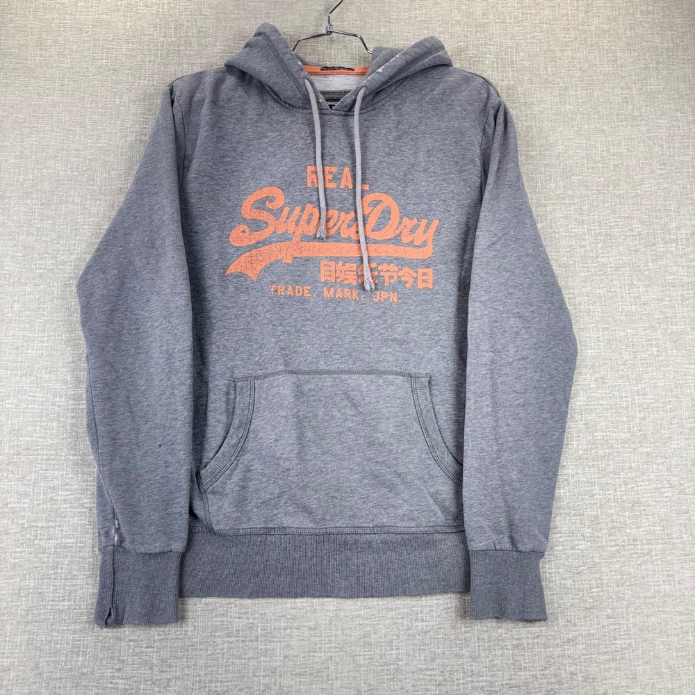 Superdry Mens Real Vintage Hoodie Grey Orange Logo Pullover Sweatshirt Medium